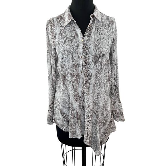 ZARA Basic White Brown Snakeskin Print Long Sleeve Button-Down Shirt Size Small - Picture 1 of 7